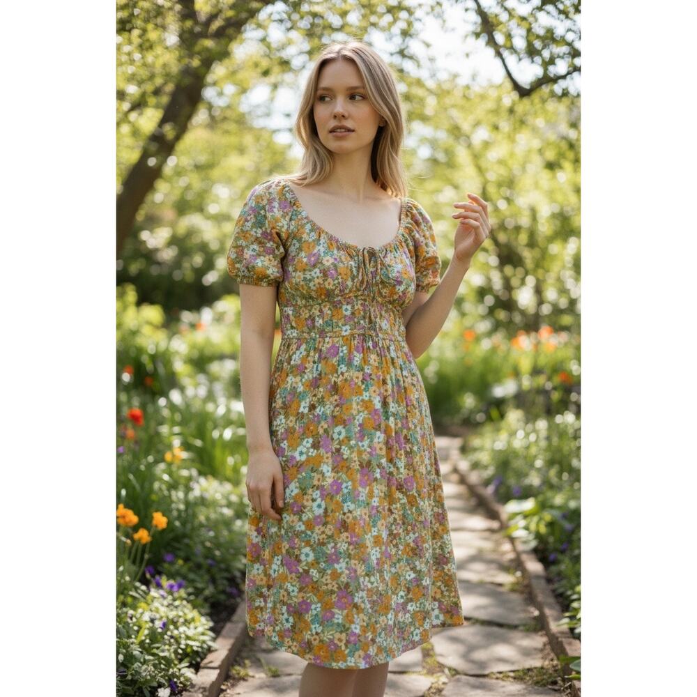 Billabong Floral Mini Dress Cottagecore Milkmaid Puff Sleeve Medium